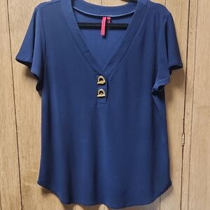 Elegant Navy Short Sleeve Top with Button Details
